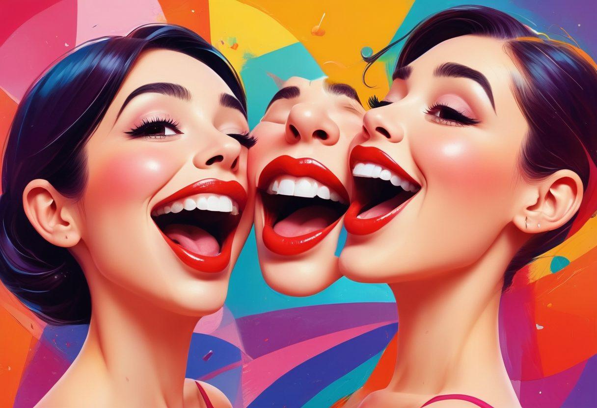A whimsical illustration featuring two playful characters, one depicted as an expressive pair of lips and the other as a cheeky smiling figure, engaging in fun activities like dancing and laughing amidst a backdrop of colorful abstract shapes symbolizing erotic content. The image should radiate joy and cheekiness, inviting the viewer to find humor in pleasure. vibrant colors. playful cartoon style.