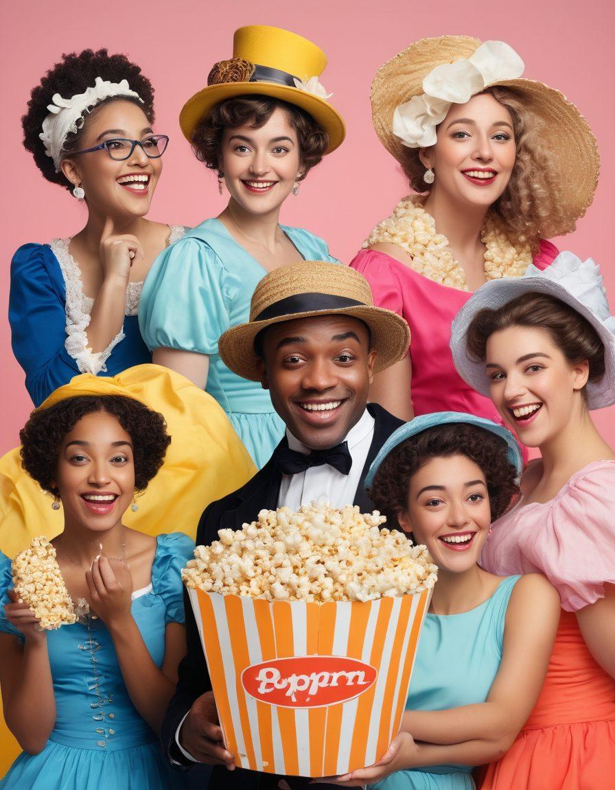 A whimsical and playful collage featuring diverse individuals enjoying various forms of adult entertainment, depicted in a light-hearted and cheerful manner. Include elements like popcorn, vibrant Jane Austen-inspired costumes, and abstract art representing freedom of expression. Use soft pastel colors to evoke joy and warmth, with an emphasis on laughter and community. cartoonish style, vibrant colors, 3D.