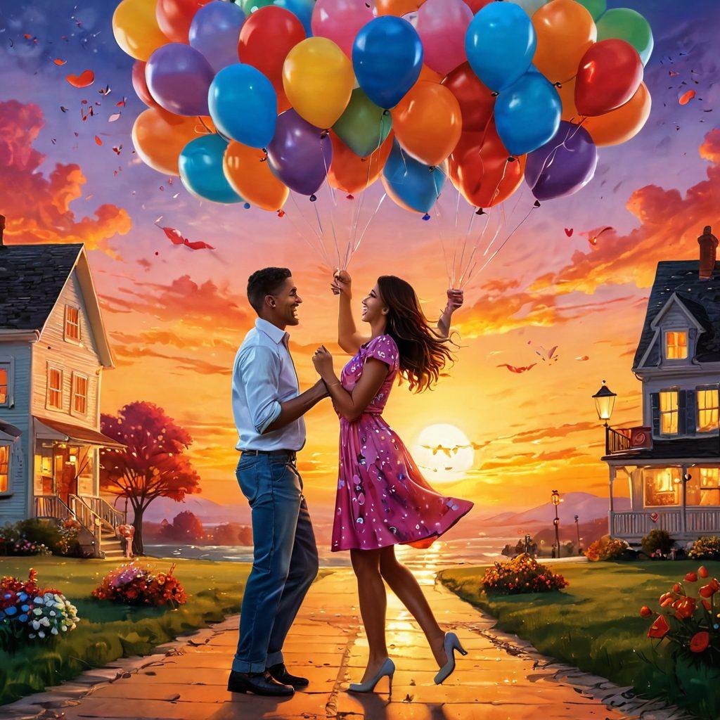 A whimsical and colorful scene depicting a playful couple engaging in light-hearted activities that celebrate love and desire, surrounded by elements that suggest happiness and humor, such as playful heart-shaped balloons and laughter-filled cartoonish expressions. The backdrop features a vibrant sunset setting that symbolizes passion and joy. super-realistic. vibrant colors. whimsical style.